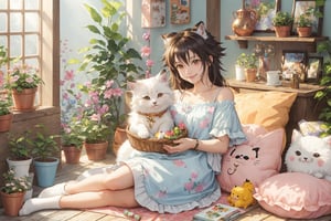 (best quality,ultra-detailed,cute animals,vivid colors,soft lighting,digital illustration,fluffy fur,playful expressions,adorable poses,dreamy atmosphere,colorful surroundings), (art by Makoto :1.5), digital art, child, cute cat, 16K, cool wallpaper, things, jasmine, pillows, clutter, toy, basket, wood, pot, can copper, garden yard, circle face, smile, sharp focus, HDR, Add more details