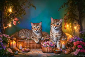 (best quality,ultra-detailed,cute animals,vivid colors,soft lighting,digital illustration,fluffy fur,playful expressions,adorable poses,dreamy atmosphere,colorful surroundings), (art by Makoto :1.5), digital art, child, cute cat, 16K, cool wallpaper, things, flowers, pillows, clutter, toy, basket, wood, pot, can copper, garden yard, circle face, smile, sharp focus, HDR, illumination Pro