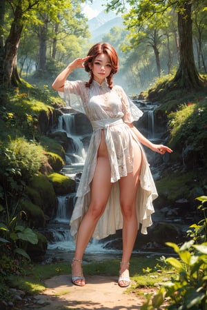 (best quality),(masterpiece:1.1),(extremely detailed CG unity wallpaper:1.1), (colorful cloth :1.3),(panorama shot:1.4),looking at viewer, from above, high res, detailed face, detailed eyes, 1 girl, solo, short-bob roughtly cut and two braided hair-bangs tied behind her head, cute hairstyle, full body, mountain forest , outdoors, (perfect fingers :1.4), perfect face, five fingers for each hand, (photo shoot pose :1.4), fantasy,Exquisite face,ffwendys