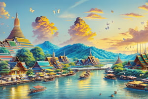 (1girl :1.5), front shot, adorable, (ultra detailed, ultra highres), (masterpiece, top quality, best quality, official art :1.4), (high quality:1.3), cinematic, wide shot, (muted colors, dim colors), A whimsical cityscape under a bright blue sky with fluffy clouds and butterflies. The city features traditional wooden buildings and a fantastical structure that combines a castle, a pagoda, (and a Ferris wheel). The colors are vibrant and detailed. (Thailand culture :1.4), 4k, Ghiblism2-Ghibli, GhiblismDetailed2, Ghiblismkw2 extremely detailed CG, photorealistic,Pastel color,flower