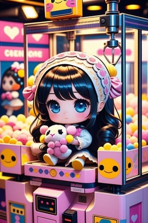 1girl, best quality, ultra-detailed, (((masterpiece))), (((best quality))), extremely detailed, ((claw machine)), ((claw is clamping a doll box up)), hand on bottom panel, control joystick and press button with hand, cleavage, big tits, ribbon, beige lace overalls, black updo longhair, shy, blush, petite figure proportion, claw machine, Glittering, cute and adorable, (perfect lighting, perfect shadow), wide shot, dreamlike scenery, Realism, blending colors,vibrant hues, amazing photo, wearing dress pretty ruffle, cute shoe, hug pillow heart, holding cute doll, Chibi,
,UFOCatcher,,<lora:659111690174031528:1.0>