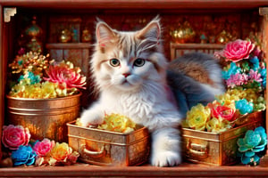 (best quality,ultra-detailed,cute animals,vivid colors,soft lighting,digital illustration,fluffy fur,playful expressions,adorable poses,dreamy atmosphere,colorful surroundings), (art by Makoto :1.5), digital art, child, cute cat, 16K, cool wallpaper, things, flowers, pillows, clutter, toy, basket, box, pot, can copper, 
