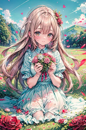 Lovers, ultra detailed,  (masterpiece,  top quality,  best quality,  official art,  perfect face:1.2),  UHD,(cinematic,  azure and light pink:0.85),  (muted colors,  dim colors),  falling petals,  red roses , happiness, (action hearts:1.4), (full field roses in object:1.4),flowers,rose