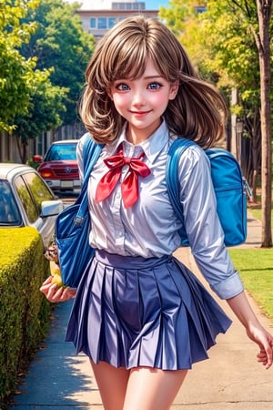 (perfect face), top quality, (official art :1.2), UHD, HDR, 16K, 8K, vivid color, (high quality:1.3), (masterpiece, best quality:1.4), (ultra detailed, ultra highres), sharp focus, extremely detailed CG, cute hair style (illustration:1.2), (photorealisitc :1.37), high contrast, colorful, ((school uniform)) ,stairs, brown hair, outdoors, skirt, socks, bag, long hair, (have lunchtime:1.2), shoes, brown eyes, pleated skirt, black socks, cloud, school bag, loafers, looking at viewer, wind, neckerchief, long sleeves, kneehighs, sailor collar, sky, bangs, white shirt, shirt, hair ribbon, black skirt, railing, brown footwear, hair tucking, petals, leaf, ribbon ,slender hands, (extremely beautiful, super cute:1.3), (detailed face, rosy skin, perfect eyes, detailed pupil), (cute Hamster:1.4), mandarin orange, dusk, duck toy, adorable, 1girl, solo, (smile), nice hands, perfect five fingers, (dynamic action pose :1.2), (looking at camera:1.3), intricate details, (detailed high school background :1.4) ,Charm of beauty,photorealistic,girl