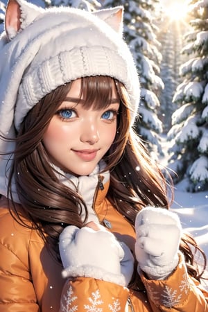 (best quality:1.05), 1girl, winter clothes, detailed clothes, high quality winter clothes, intricate detail, mittens, smiling, cold, forest village, snow, snowing, sun rays, shining, dawn, setting sun, cat ears, orange eyes, white winter jacket, dynamic lighting, intricate detail,