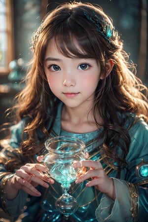 ((1girl, 12year old girl:1.5)),loli, petite girl, beautiful shining body, bangs,((darkbrown hair:1.3)),(aquamarine eyes), (perfect face),  top quality,  (official art :1.2),  (HDR:1.4),  UHD,  (beautiful and aesthetic:1.2),  high definition,  high quality,  detailed face,  high resolution,  highly detailed,  extremely detailed background,  (ultra detailed),  perfect lighting,  (photorealistic :1.37),  (8k, 16K,  best quality,  masterpiece:1.2),  (ultra highres:1.0), realistic,  epic, 1girl, really cute young ginger girls' smiles, creating a joyful atmosphere, potion mistress, magic, (lots of colorful potions :1.3), glowy smoke, tetradic colors, bubly, (detailed alchemist room:1.6), volumetric lights,  very detailed potions and alchemy laboratory scenery,  colorful,  dynamic,  visually rich,  whimsical,  fairy tale, 
(long hair,  cute hairstyle:1.5), absurdres,  (cinematic shot:1.4),  (muted colors,  dim colors,  soothing tones:1.3) ,dynamic angle, wide shot, the source of light is the moon light,happiness,  (perfect hands, perfect fingers, nice hands :1.4),  big dream eyes, (perfect body:1.4), glasstech, Realistic, (atelier style:1.3),1girl,ice