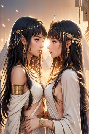 couple, cinematic shot, river, (1girl shiny long hair:1.4),  (1boy short hair style :1.4), ultra detailed,  (masterpiece,  top quality,  best quality,  official art,  perfect face:1.2),  UHD,  cinematic,  (muted colors,  dim colors),  perfect face,  perfect eyes,  long-lenses photograph,  realistic,  8K,  16K,  with mountains and valleys,  sun and the moon skimpy silhouettes romantically kissing in the sky that is both day wand night,  heart,  romance, Roses,  stunning light,  wind is blowing,  photorealistic, masterpiece,  (Egypt style :1.4), egyptian clothes, egyptian,Cosplay