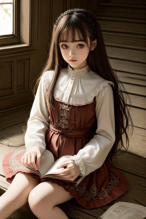 beautiful details, perfect focus,high resolution, exquisite texture in every detail, looking at viewer, blush, smile, bangs, copper eyes, hair ornament, purple hair, hair rings, twin braids, hair ribbon, hair between eyes, 
adorable girl dressed in a (Bisque Doll-like girl outfit: 1.1) The charming ensemble features a frilly collar and cuffs, with delicate lace details, ((1girl 15yo)), (female child, loli:1.3),  ((waist up body of Dilraba Dilmurat)), (Realistic: 1.2), (illustration: 1.2), (perfect eyes:1.3, perfect face:1.3), long eyelashes, perfect lighting, perfect shading, (best quality, masterpieces), (realphoto , photographic, 35mm f2.0:1.4),(Western, old school :1.2), fantasy, (beautiful girl:1.2), (beautiful face:1.2), (Small room, cluttered room, stairs:1.2),(book:1.6), Books are scattered all over the place, colorful dynamic, (sitting_on_stairs:0), sitting, (reading a book, looking at book,looking at another:1.4), expressionless, dutch angle, barefoot, side lighting, dynamic color hair,
(ultra-detailed, vivid colors,soft lighting, digital illustration) expressions, (dreamy atmosphere, colorful surroundings), digital art, 8K, 16K, cool wallpaper, things, jasmine, pillows, clutter, wood toy, sharp focus, HDR, Add more details,