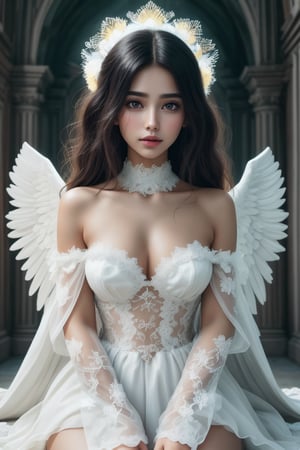 (perfect face), top quality, (official art :1.2), UHD, 16K, 8K, warm glow, (high quality:1.3), (masterpiece, best quality:1.4), ultra-detailed, illustration, (beautiful detailed eyes), beautiful, amazing, (detailed skin), (shiny skin), 1girl,solo,angel girl, tattered church, rubble, scattered glass,white hair, long hair, fluttering hair, halo, ahoge, splendid priestly clothes, big wings, white wings, sit, waliza, hands between legs,looking up , particle , whole body, cowboy shot,moonlight, natural light,{{{{masterpiece}}}}, {{{hyper detailed}}}, {{{highres}}}, {{{8k}}}, {{perfect body}}, {{beautiful detailed eyes}}, {{colorful}}, {{vivid color}},