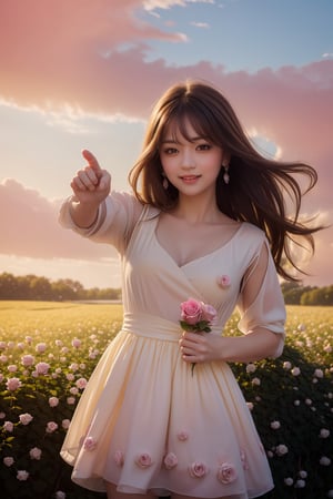 ultra detailed,  (masterpiece,  top quality,  best quality,  official art,  perfect face:1.2), HDR, UHD,(cinematic, azure and light pink:0.85), 32K, (Beautifully Detailed Face and Fingers), (Five Fingers) Each Hand,  (muted colors,  dim colors),  falling petals,  red roses , happiness, (dynamic action pose :1.4), chiffon dress, vanilla dress, (full field roses :1.4), (((with a teddy bear))), (yellow-pink sky :1.2), cute_girl,flowers,rose,Line art,1girl,Phoenix dress,Exquisite face,cute girl