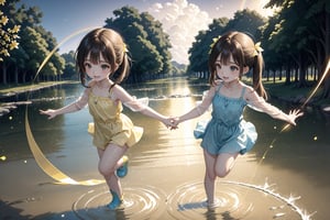 Two girls playing in puddles wearing rain boots. In the center of the puddles, there is a clear reflection of the transparent water surface with bright light reflecting upon it. The girls are dressed in yellow raincoats and wearing boots, allowing them to play in the puddles without getting wet. One of them is an energetic girl with her hair tied up in pigtails, while the other has cute short twin tails. Holding hands, they jump and frolic, creating splashes of water. The weather is fine after the rain, and a vibrant rainbow stretches across the background. The colors of the rainbow harmonize with the girls' smiles, creating a joyful atmosphere, (adorable difference face:1.4),firefliesfireflies