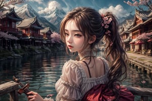 ((1girl)),solo, long hair, brown hair, black hair, dress, sitting, ponytail, outdoors, sky, day, cloud, water, from behind, white dress, tree, cherry blossoms, building, instrument, scenery, reflection, mountain, watercraft, architecture, house, bridge, east asian architecture, river, boat,