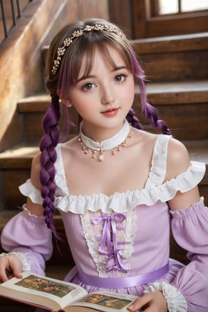 beautiful details, perfect focus,high resolution, exquisite texture in every detail, looking at viewer, blush, smile, bangs, copper eyes, hair ornament, purple hair, hair rings, twin braids, hair ribbon, hair between eyes, 
adorable girl dressed in a (Bisque Doll-like girl outfit: 1.1) The charming ensemble features a frilly collar and cuffs, with delicate lace details, ((1girl 15yo)), (female child, loli:1.3),  ((waist up body of Dilraba Dilmurat)), (Realistic: 1.2), (illustration: 1.2), (perfect eyes:1.3, perfect face:1.3), long eyelashes, perfect lighting, perfect shading, (best quality, masterpieces), (realphoto , photographic, 35mm f2.0:1.4),(Western, old school :1.2), fantasy, (beautiful girl:1.2), (beautiful face:1.2), (Small room, cluttered room, stairs:1.2),(book:1.6), Books are scattered all over the place, colorful dynamic, (sitting_on_stairs:0), sitting, (reading a book, looking at book,looking at another:1.4), expressionless, dutch angle, barefoot, side lighting, dynamic color hair,
(ultra-detailed, vivid colors,soft lighting, digital illustration) expressions, (dreamy atmosphere, colorful surroundings), digital art, 8K, 16K, cool wallpaper, things, jasmine, pillows, clutter, wood toy, sharp focus, HDR, Add more details, perfect finger