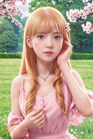 (ultra detailed, ultra highres), (masterpiece, top quality, best quality, official art :1.4), (high quality:1.3), (1 boy, 1 girl :1.6), cinematic, (muted colors, dim colors), (perfect eyes, perfect face:1.3), long-lenses photograph, realistic, UHD, 16K, 8K, warm glow, extremely detailed CG, (perfect hands, perfect fingers, nice hands), photorealistic, perfect shadow, perfect lighting, a noble little girl wearing a pink dress and a daisy tiptoes towards a boy with curly hair, reaching out a delicate rose in a thornless stem, standing on cobblestone pavement, under a cloudless sky, with a row of blooming cherry blossom trees in the background, captured with a Canon EOS 5D Mark IV camera, 50mm lens, medium shot focusing on the girl’s tender gesture, in a style reminiscent of a romantic oil painting by Thomas Kinkade,GUQINGHAN,4zhigong,DonMD0n7P4n1c