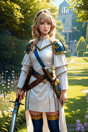 masterpiece, official art, ((ultra detailed)), (ultra quality), high quality, perfect face, A girl with long hair, blond-green hair with bangs, bronze eyes, detailed face, wearing a fancy ornate (((folk dress))), shoulder armor, armor, glove, hairband, hair accessories, striped, (holding the great weapon:1.6), jewelery, thighhighs, pauldrons, side slit, capelet, vertical stripes, looking at viewer, fantastical and ethereal scenery, daytime, church, grass, flowers. Intricate details, extremely detailed, incredible details, full colored, complex details, hyper maximalist, detailed decoration, detailed lines, best quality, HDR, dynamic lighting, perfect anatomy, realistic, more detail,
