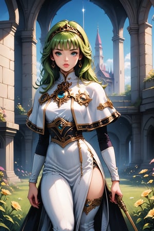 score_9, score_8_up, score_8, masterpiece, official art, ((ultra detailed)), (ultra quality), high quality, perfect face, 1 girl with long hair, blond-green hair with bangs, bronze eyes, detailed face, wearing a fancy ornate (((folk dress))), shoulder armor, armor, glove, hairband, hair accessories, striped, (holding the great weapon :1.4), jewelery, thighhighs, pauldrons, side slit, capelet, vertical stripes, looking at viewer, fantastical and ethereal scenery, daytime, church, grass, flowers. Intricate details, extremely detailed, incredible details, full colored, complex details, hyper maximalist, detailed decoration, detailed lines, best quality, HDR, dynamic lighting, perfect anatomy, realistic, more detail, Architecture, full juicy lips, perfect green eyes, (soft cute face)