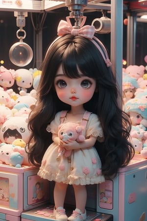 1girl, best quality, ultra-detailed, (((masterpiece))), (((best quality))), extremely detailed, ((claw machine)), ((claw is clamping a doll box up)), hand on bottom panel, control joystick and press button with hand, cleavage, big tits, ribbon, beige lace overalls, black updo longhair, shy, blush, petite figure proportion, claw machine, Glittering, cute and adorable, (perfect lighting, perfect shadow), wide shot, dreamlike scenery, Realism, blending colors,vibrant hues, amazing photo, wearing dress pretty ruffle, cute shoe, hug pillow heart, holding cute doll, Chibi, chibi,UFOCatcher