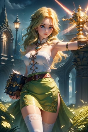 (masterpiece), (absurdres:1.3), (ultra detailed), HDR, UHD, 16K, ray tracing, vibrant eyes, perfect face, award winning photo, ((( 1 girl ))), with long hair, blond-green hair with bangs, bronze eyes, detailed face, wearing a fancy ornate (((folk dress))), shoulder armor, armor, glove, hairband, hair accessories, striped, (holding the great weapon:1.7), jewelery, thighhighs, pauldrons, side slit, capelet, vertical stripes, looking at viewer, fantastical and ethereal scenery, daytime, church, grass, flowers. Intricate details, extremely detailed, incredible details, full colored, complex details, hyper maximalist, detailed decoration, detailed lines, best quality, dynamic lighting, perfect anatomy, realistic, more detail, ,Architect, shiny skin, (shy blush:1.1), (dynamic action pose:1.3) ,slightly smile, lens flare, photo quality, big dream eyes, ((perfect eyes, perfect fingers)) ,kawaii, (Sharp focus realistic illustration:1.2), holding stuff, ,candystyle,philia,TG,Detailedface