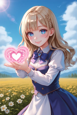 (masterpiece), (absurdres:1.3), (ultra detailed), HDR, UHD, 16K, ray tracing, vibrant eyes, perfect face, award winning photo, A silhouette of a young girl with flowing hair, standing in a field. She holds a red heart-shaped object, possibly a flower, in her hand. The background is framed within a heart shape, with a gradient of colors transitioning from a light beige at the top to a darker hue at the bottom. The overall mood of the image is serene and dreamy, evoking feelings of love and tranquility., painting, conceptual art, illustration shiny skin, (shy blush:1.1), (dynamic action pose:1.3) ,slightly smile, lens flare, photo quality, big dream eyes, ((perfect eyes, perfect fingers)) ,kawaii, (Sharp focus realistic illustration:1.2), adorable,