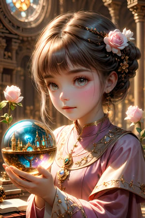 1girl, solo, (masterpiece), (absurdres:1.3), (ultra detailed), HDR, UHD, 16K, ray tracing, vibrant eyes, perfect face, award winning photo, beautiful, shiny skin, (highly detailed), clear face, teenage cute delicate girl, (shy blush:1.1), (high quality, high res, aesthetic:1.1), (dynamic action pose:1.3) ,slightly smile, lens flare, photo quality, big dream eyes, ((perfect eyes, perfect fingers)), iridescent brown hair, vivid color, perfect lighting, perfect shadow, realistic, stunning light, (atmosphere :1.6), nice hands, insane details ,high details ,kawaii, (extra wide shot: 1.8)  (Sharp focus realistic illustration:1.2), a giant glass sphere containing a small ecosystem, surrounded by measurement devices is installed in large-scale factory, a girl Priest stands next to the sphere, divine magic, sacred texts, ceremonial robes, incense, healing spells, blessing rituals, BREAK intricate illustrations, delicate linework, fine details, whimsical patterns, enchanting scenes, dreamy visuals, captivating storytelling, church and stain glass background, messy interior, book, elemental, feature,flower, ((pink gold style)),more detailnice hands, perfect fingers, dynamic posing, cute girl,flowers,rose, 1girl, holding stuff, epicDiP, slender hands,