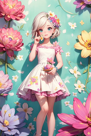 ultra detailed, (masterpiece, top quality, best quality, official art, perfect face:1.2), UHD, (cinematic, azure and light pink:0.85), 32K, (Beautifully Detailed Face and Fingers), (Five Fingers) Each Hand, (muted colors, dim colors), vanilla dress, young beautiful girl, dynamic posing, art, 1girl, pop culture modern aesthetic cafe, bright, (flower wall:2), (parfait, dessert :1.4), more detailed,