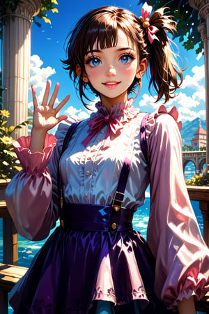 score_9_up, score_8_up, score_7_up, masterpiece, official art, ((ultra detailed)), Masterpiece, beautiful details, perfect focus, 8K, high resolution, exquisite texture in every detail, 1girl, solo, looking at viewer, blush, smile, bangs, blue eyes, hair ornament, purple hair, hair rings, twin braids, (Realistic: 1.2), (illustration: 1.2), dramatic shadows, (dramatic lighting:1.1), masterpiece, best quality, ultra-realistic, ultra detailed, ultra detailed face, hyper extreme detailed body, finely detailed beautiful eyes and face, high resolution, UHD, (((perfect anatomy))), perfect hands, ((perfect fingers)), perfect body, (Highly detailed scenery:1.1), Highly detailed background, depth of field, dramatic, atmospheric, kawaii, ((1girl, Asian)), ((10 years old)), cute child, cameltoe, ((jirai fashion with pink and red, skirt, ribbon, hair ribbon, suspenders, detached sleeves, pink ribbon, purple suspender skirt, white frilled shirt)), outdoor, beautiful sky, waving arm, illuminated face, dynamic scenery, boat, ((pillar)), happy smile, (brown hair, blue eyes: 1.3), plait hair, ribbon, choker, (side ponytail :1.3), (dynamic pose: 1.3), backlighting, side lighting, lifted skirt, under below, flowers, botanical, potted plant, petals, blue sky, sunlight, river, splashing water, reflection, balloon in sky, white cloud, garden sharp focus, HDR, Add more details, Architecture, full juicy lips, (kawaii face),