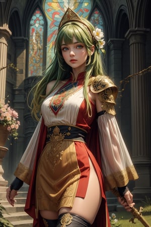 masterpiece, official art, ((ultra detailed)), (ultra quality), high quality, perfect face, A girl with long hair, blond-green hair with bangs, bronze eyes, detailed face, wearing a fancy ornate (((folk dress))), shoulder armor, armor, glove, hairband, hair accessories, striped, holding the great weapon, jewelery, thighhighs, pauldrons, side slit, capelet, vertical stripes, looking at viewer, fantastical and ethereal scenery, daytime, church, grass, flowers. Intricate details, extremely detailed, incredible details, full colored, complex details, hyper maximalist, detailed decoration, detailed lines, best quality, HDR, dynamic lighting, perfect anatomy, realistic, more detail,
