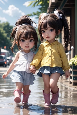 high resolution, highly detailed, detailed background, perfect lighting, photorealistic rendering, (8k, 16K, best quality, masterpiece:1.2), (ultra highres:1.0), (HDR:1.4), realistic, cute face, epic Two girls playing in puddles wearing rain boots. In the center of the puddles, there is a clear reflection of the transparent water surface with bright light reflecting upon it. The girls are dressed in yellow raincoats and wearing boots, allowing them to play in the puddles without getting wet. One of them is an energetic girl with her hair tied up in pigtails, while the other has cute short twin tails. Holding hands, they jump and frolic, creating splashes of water. The weather is fine after the rain, and a vibrant rainbow stretches across the background. The colors of the rainbow harmonize with the girls' smiles, creating a joyful atmosphere., NATSUMI