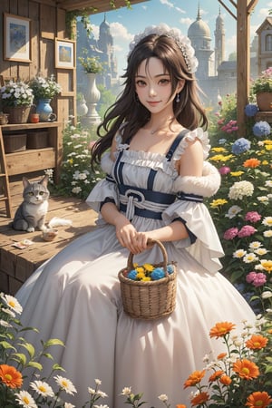 (best quality,ultra-detailed,cute animals,vivid colors,soft lighting,digital illustration,fluffy fur,playful expressions,adorable poses,dreamy atmosphere,colorful surroundings), (art by Makoto :1.5), digital art, child, cute cat, 16K, cool wallpaper, (pretty hair, long hair), things, jasmine, pillows, clutter, toy, basket, wood, pot, can copper, garden yard, circle face, smile, sharp focus, HDR,Cosplay,onitsuka_natsumi_lovelivesuperstar,Add more details