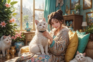 (best quality,ultra-detailed,cute animals,vivid colors,soft lighting,digital illustration,fluffy fur,playful expressions,adorable poses,dreamy atmosphere,colorful surroundings), (art by Makoto :1.5), digital art, child, cute cat, 16K, cool wallpaper, things, jasmine, pillows, clutter, toy, basket, wood, pot, can copper, garden yard, circle face, smile, sharp focus, HDR, Add more details,window, (cute bun hair)