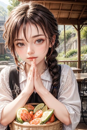 (best quality),(masterpiece:1.1),(extremely detailed CG unity wallpaper:1.1), (colorful cloth :1.3),(panorama shot:1.4),looking at viewer, from below, high res, detailed face, detailed eyes, 1 girl, solo, short-bob roughtly cut and two braided hair-bangs tied behind her head, cute hairstyle, full body, mountain forest , outdoors, (perfect fingers :1.4), perfect face, five fingers for each hand, fantasy, hugging basket , vetgetable, tomato , carrot, Exquisite face,Isometric, 