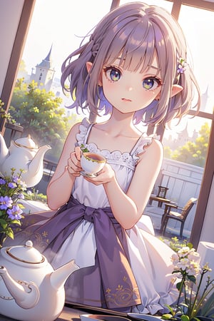 (extremely detailed CG unity wallpaper:1.1), (colorful:0.9),(panorama shot:1.4),16K, UHD, HDR, carnation, perfect shadow, perfect fingers, perfect face, (dynamic angle :1.4), adorable girl dressed in a (Bisque Doll-like girl outfit: 1.1), high resolution, perfect eyes:1.3, perfect face:1.3, long eyelashes, (masterpiece:1.3), best quality, nostalgic, (realistic: 1.4), (illustration: 1.2), random hair color, ((1 girl)), (14years old, loli:1.4), cute face, maid costume, pretty eyes, (making tea: 1.6), big cleaning, clutter, (Ray tracing: 1.3), clear delicate faces, Angelonia, Rich red dress with lots of lace and frills, (Waist up body: 1.5), perfect lighting, perfect shading, rim light, perfect anatomy, perfect hands, (best quality, masterpiece), gazebo, ((Bright Periwinkle)), (funny pose:1.3), action pose, hands up, flower pattern, flower pot, (green-purple eyes:1.3) red hair and wavy hair, very cute hair