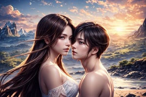 ultra detailed, (masterpiece, top quality, best quality, official art, perfect face:1.2), UHD, cinematic, (muted colors, dim colors), perfect face, perfect eyes, long-lenses photograph, realistic, 8K, 16K, with mountains and valleys, sun and the moon skimpy silhouettes romantically kissing in the sky that is both day wand night , heart, romance, Roses, stunning light, wind is blowing, (1girl shiny long hair:1.4), (1boy short hair style :1.4),beach,photorealistic,masterpiece,Cosplay