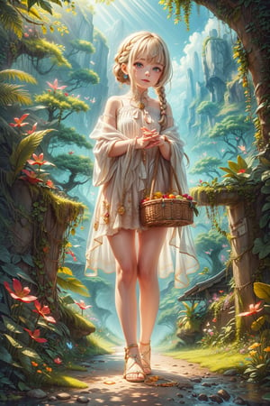 (best quality),(masterpiece:1.1),(extremely detailed CG unity wallpaper:1.1), (colorful cloth :1.3),(panorama shot:1.4),looking at viewer, from below, high res, detailed face, detailed eyes, 1 girl, solo, short-bob roughtly cut and two braided hair-bangs tied behind her head, cute hairstyle, full body, mountain forest , outdoors, (perfect fingers :1.4), perfect face, five fingers for each hand, fantasy, hugging basket , Exquisite face,becky_blackbell_spyxfamily,xewx