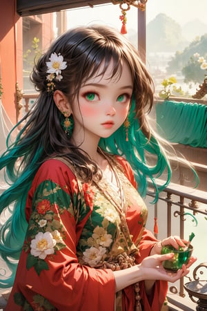 Adorable girl, perfect face, (best quality, masterpieces:1.3), (beautiful and aesthetic:1.2), colorful, dynamic angle, (Realistic:1.4), illustration, (high quality:1.3), (ultra detailed, ultra highres), 32K, (Beautifully Detailed Face and Fingers), (Five Fingers) Each Hand, sharp focus, professional dslr photo, photoreal, Thailand house style, (green tea ,food on the balcony outside the room:1.5), See the evening view, forehead jewel, rose jewelry, nice hand, nice fingers, adorable style fashion, volumetric fx, ray tracing, (((intricate detailed))), extremely detailed CG, (hyper realism, soft light, dramatic light, sharp, HDR, UHD), perfect image, vivid color, (extra wide shot :1.5), (official art, extreme detailed, highest detailed), more detailed, Thai food style,sweets desert,(colorful pink-yellow sky), rosy skin, dream eyes, line art, 1girl,cute,tot-rose,hirose yasuho,Exquisite face,