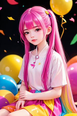 masterpiece, best quality, incredibly absurdres, 1girl, multiple colorful balloon, sitting, happy, closed mouth, casual outfit, very long hair, multi colored hair, confetti, upper body, bangs
