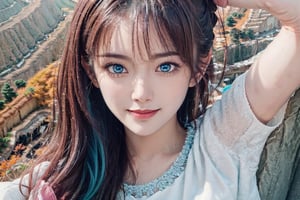 (ultra detailed, ultra highres), (masterpiece, top quality, best quality, official art :1.4), (high quality:1.3), cinematic, (muted colors, dim colors), (perfect eyes, perfect face:1.3), long-lenses photograph, realistic, UHD, 16K, 8K, warm glow, with mountains and valleys, stunning light, wind is blowing, sharp focus, extremely detailed CG, (perfect hands, perfect fingers, nice hands), photorealistic, (1girl with shiny long hair:1.4), (wearing a cute pink dress, puffy short sleeves, frills:1.2), detailed clothing, (smile), (waving one arm:1.2), (looking at camera:1.3), intricate detailed, detailed complex background, (highest quality, extreme detailed, official art, beautiful and aesthetic:1.2), (1girl), solo, Autumn, blue sky, white clouds, (Vivid, colorful rice terraces with no crops, Vivid, colorful rice terraces:1.4), top view, forest covered in autumn leaves , The colors are vibrant and detailed. extremely detailed CG, photorealistic,colorful, wrenchfaeflare,t5_face,meloncat,blue_IDphoto,grass,more detail ,huyefo