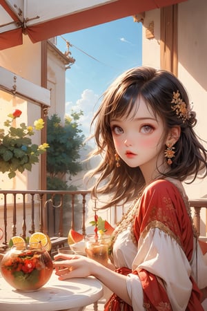 Adorable girl, perfect face, (best quality, masterpieces:1.3), (beautiful and aesthetic:1.2), colorful, dynamic angle, (Realistic:1.4), illustration, (high quality:1.3), (ultra detailed, ultra highres), 32K, (Beautifully Detailed Face and Fingers), (Five Fingers) Each Hand, sharp focus, professional dslr photo, photoreal, Thailand house style, (fruit tea or other ,food on the balcony outside the room:1.5), See the evening view, forehead jewel, rose jewelry, nice hand, nice fingers, adorable style fashion, volumetric fx, ray tracing, (((intricate detailed))), extremely detailed CG, (hyper realism, soft light, dramatic light, sharp, HDR, UHD), perfect image, vivid color, (extra wide shot :1.5), (official art, extreme detailed, highest detailed), more detailed, Thai food style,sweets desert,(colorful pink-yellow sky), rosy skin, dream eyes, line art, 1girl,cute,tot-rose, Exquisite face,