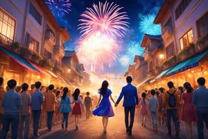 People,  girl,  boy,  The parade float has signs welcoming the New Year,  the atmosphere is fun and full of happiness. The sky was filled with colorful fireworks. In the front is a couple facing each other (Realistic:1.4),  illustration,  Adorable cloth, bioluminescent dress,shiny   (high quality:1.3),  (masterpiece,  best quality:1.4),  (ultra detailed,  8K,  4K,  ultra highres),  sharp focus,  professional dslr photo,  photoreal,  (Photorealistic:1.4),  UHD,  HDR,  volumetric fx,  ray tracing,  (((intricate details))),  extremely detailed CG,  perfect anatomy,  perfect face,  beautiful,  cinematic photo,  romantic tone,  vibrant colors,  perfect photography,  professional,  perfect sky,  In front are dear friends hugging each other happily,  ((text as "Happy New Year 2024",  brush cute style, copper style)),  Text,  bioluminescent dress,shiny , glitter, gradient color all fluentcolor transparent cloth, bioluminescent dress,shiny, (professional photograpy:1.1),AiArtV,2d game scene,Dilireba,jinling