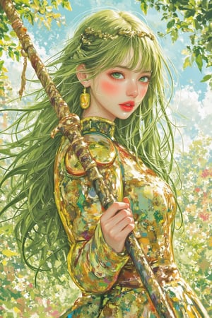 score_9, score_8_up, score_8, masterpiece, official art, ((ultra detailed)), (ultra quality), high quality, perfect face, 1 girl with long hair, blond-green hair with bangs, bronze eyes, detailed face, wearing a fancy ornate (((folk dress))), shoulder armor, armor, glove, hairband, hair accessories, striped, (holding the great weapon :1.4), jewelery, thighhighs, pauldrons, side slit, capelet, vertical stripes, looking at viewer, fantastical and ethereal scenery, daytime, church, grass, flowers. Intricate details, extremely detailed, incredible details, full colored, complex details, hyper maximalist, detailed decoration, detailed lines, best quality, HDR, dynamic lighting, perfect anatomy, realistic, more detail, Architecture, full juicy lips, perfect green eyes, (soft cute face),( fighting:1.4), open legs,