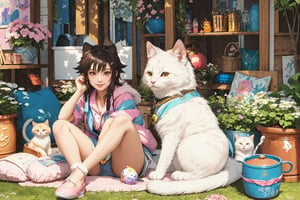 (best quality,ultra-detailed,cute animals,vivid colors,soft lighting,digital illustration,fluffy fur,playful expressions,adorable poses,dreamy atmosphere,colorful surroundings), (art by Makoto :1.5), digital art, child, cute cat, 16K, cool wallpaper, things, jasmine, pillows, clutter, toy, basket, wood, pot, can copper, garden yard, circle face, smile, sharp focus, HDR,Cosplay,onitsuka_natsumi_lovelivesuperstar,Add more details