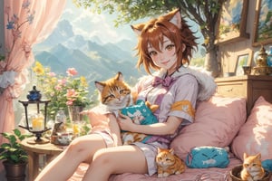 (best quality,ultra-detailed,cute animals,vivid colors,soft lighting,digital illustration,fluffy fur,playful expressions,adorable poses,dreamy atmosphere,colorful surroundings), (art by Makoto :1.5), digital art, child, cute cat, 16K, cool wallpaper, things, jasmine, pillows, clutter, toy, basket, wood, pot, can copper, garden yard, circle face, smile, sharp focus, HDR,Cosplay,onitsuka_natsumi_lovelivesuperstar,Add more details