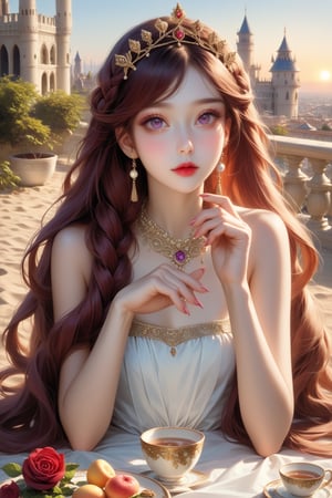 high resolution, (1 girl 15 years old), solo, ((extra wide shot)), Waist up portrait, (long hair:1.6), dynamic hair color, ((absurdly vanilla-sand long hair, Twisted Crown Braid, with French braids)), garnet hair color, purple eyes, (ultra detailed), High quality shadow, 4K, ((beautiful face)), beautiful body, (beauty skin), best quality, ((masterpiece)), vintage end table, (Full fry breakfast on sunny morning food), (vintage tea cup with hot tea with steamed), extremely detailed cg, suggestive, (intricate details: 1.3), slim waist, (high quality wear and cloth), Ruffle Pleated Chiffon taffy dress, realistic, illustration, (outdoor), peacock, look at viewer, best ratio four finger and one thumb, ((behind view:1.6)), (sunrise in the field),  ((arctic cloth color)), quality hand, High quality texture, a realistic representation of the face, (lie face down: 1.4), clear light, Red and peach roses in gold flower, ((an ancient fantasy city and castle background)), (Beautiful and clean nails), pearls, ornament, 
(score_9, score_8_up), score_7_up, score_6_up