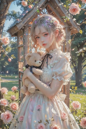ultra detailed,  (masterpiece,  top quality,  best quality,  official art,  perfect face:1.2),  UHD,(cinematic,  azure and light pink:0.85),  (muted colors,  dim colors),  falling petals,  red roses , happiness, (wearing trendy fashion:1.4), chiffon sheer dress vanilla, (full field roses :1.4), (((hold a teddy bear))), dynamic posing, tree house, park, swing, cute_girl, pastel flowers , lilac, rose, Line art,1girl, Light master,More Reasonable Details,emo