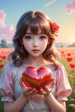 (masterpiece), (absurdres:1.3), (ultra detailed), HDR, UHD, 16K, ray tracing, vibrant eyes, perfect face, award winning photo, A silhouette of a young girl with flowing hair, standing in a field. She holds a red heart-shaped object, possibly a flower, in her hand. The background is framed within a heart shape, with a gradient of colors transitioning from a light beige at the top to a darker hue at the bottom. The overall mood of the image is serene and dreamy, evoking feelings of love and tranquility., painting, conceptual art, illustration shiny skin, (shy blush:1.1), (dynamic action pose:1.3) ,slightly smile, lens flare, photo quality, big dream eyes, ((perfect eyes, perfect fingers)) ,kawaii, (Sharp focus realistic illustration:1.2), adorable,