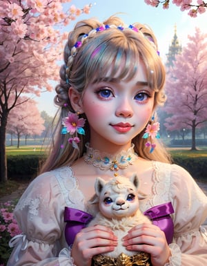 (masterpiece, best quality), (absurdres:1.3), (ultra detailed, ultra highres:1.1), 8K, UHD, realistic,photorealistic:1.37 ,beautiful detailed eyes,beautiful detailed lips , (classical lolita costume:1.5), slightly smile, (((with cute baby alpaca))) , magical aura, whimsical, colorful sunshine ,rays of sunlight peeping through the trees,soft dappled light,peaceful atmosphere,magical creatures,playing alpaca, sparkling fairy dust,soft glow,x,y,z style painting,blending colors,vibrant hues,dreamlike scenery,Realism, (sparkling eyes:1.3), art by Jean-Gabriel Domergue, a cute teenage, 1girl, (15yo, child face), a ultra hd detailed painting, Jean-Baptiste Monge style, bright, beautiful, splash, Glittering, filigree, rim lighting, extremely fluffy, magic, surreal, fantasy, digital art, by wlop, by artgerm, (junji ito style:1.3) , (Andrei Belichenko style:1.3), (extra wide shot:1.6), smooth skin, mgln,cryptids