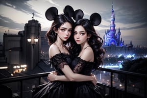 (best quality), (extremely detailed CG unity 8k wallpaper:1.1), (colorful:0.9),(panorama shot:1.4),upper body,looking at viewer,from above, 2 girls hugging each other,15yo,mickey mouse, (disney land Tokyo :1.4), fun,smile, happiness, Nature, colorful, exposure blend, medium shot, bokeh, high contrast, (muted colors, dim colors, soothing tones:1.3), low saturation, Adorable cloth, shiny, luxury red off the shoulder full skirt vintage swing dress, (high quality:1.3), (masterpiece, best quality:1.4), (ultra detailed, 8K, 4K, ultra highres), (Beautifully Detailed Face and Fingers), (Five Fingers) Each Hand, nice hands, (perfect fingers, perfect hands :1.3), sharp focus, professional dslr photo, (Photorealistic:1.4), UHD, HDR, volumetric fx, (((intricate details))), extremely detailed CG, cinematic photo, perfect photography, professional, perfect sky, shiny, glitter, gradient color all fluentcolor, (professional photograpy:1.1),