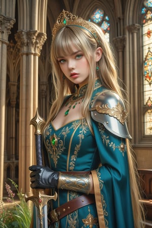 masterpiece, official art, ((ultra detailed)), (ultra quality), high quality, perfect face, 1 girl with long hair, blond-green hair with bangs, bronze eyes, detailed face, wearing a fancy ornate (((folk dress))), shoulder armor, armor, glove, hairband, hair accessories, striped, (holding the great weapon:1.7), jewelery, thighhighs, pauldrons, side slit, capelet, vertical stripes, looking at viewer, fantastical and ethereal scenery, daytime, church, grass, flowers. Intricate details, extremely detailed, incredible details, full colored, complex details, hyper maximalist, detailed decoration, detailed lines, best quality, HDR, dynamic lighting, perfect anatomy, realistic, more detail,
,Architectural100,style