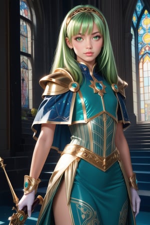 score_9, score_8_up, score_8, masterpiece, official art, ((ultra detailed)), (ultra quality), high quality, perfect face, 1 girl with long hair, blond-green hair with bangs, bronze eyes, detailed face, wearing a fancy ornate (((folk dress))), shoulder armor, armor, glove, hairband, hair accessories, striped, (holding the great weapon :1.4), jewelery, thighhighs, pauldrons, side slit, capelet, vertical stripes, looking at viewer, fantastical and ethereal scenery, daytime, church, grass, flowers. Intricate details, extremely detailed, incredible details, full colored, complex details, hyper maximalist, detailed decoration, detailed lines, best quality, HDR, dynamic lighting, perfect anatomy, realistic, more detail, Architecture, full juicy lips, good teeth, perfect green eyes, (kawaii face), DonMM1y4XL,NelZelpher_SO3