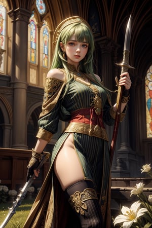 masterpiece, official art, ((ultra detailed)), (ultra quality), high quality, perfect face, A girl with long hair, blond-green hair with bangs, bronze eyes, detailed face, wearing a fancy ornate (((folk dress))), shoulder armor, armor, glove, hairband, hair accessories, striped, (holding the great weapon:1.5), jewelery, thighhighs, pauldrons, side slit, capelet, vertical stripes, looking at viewer, fantastical and ethereal scenery, daytime, church, grass, flowers. Intricate details, extremely detailed, incredible details, full colored, complex details, hyper maximalist, detailed decoration, detailed lines, best quality, HDR, dynamic lighting, perfect anatomy, realistic, more detail,

